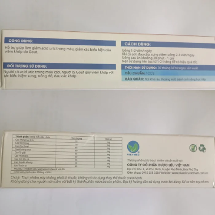 Viên uống hỗ trợ điều trị Gut Vietmec, giảm các triệu viêm khớp,Gout