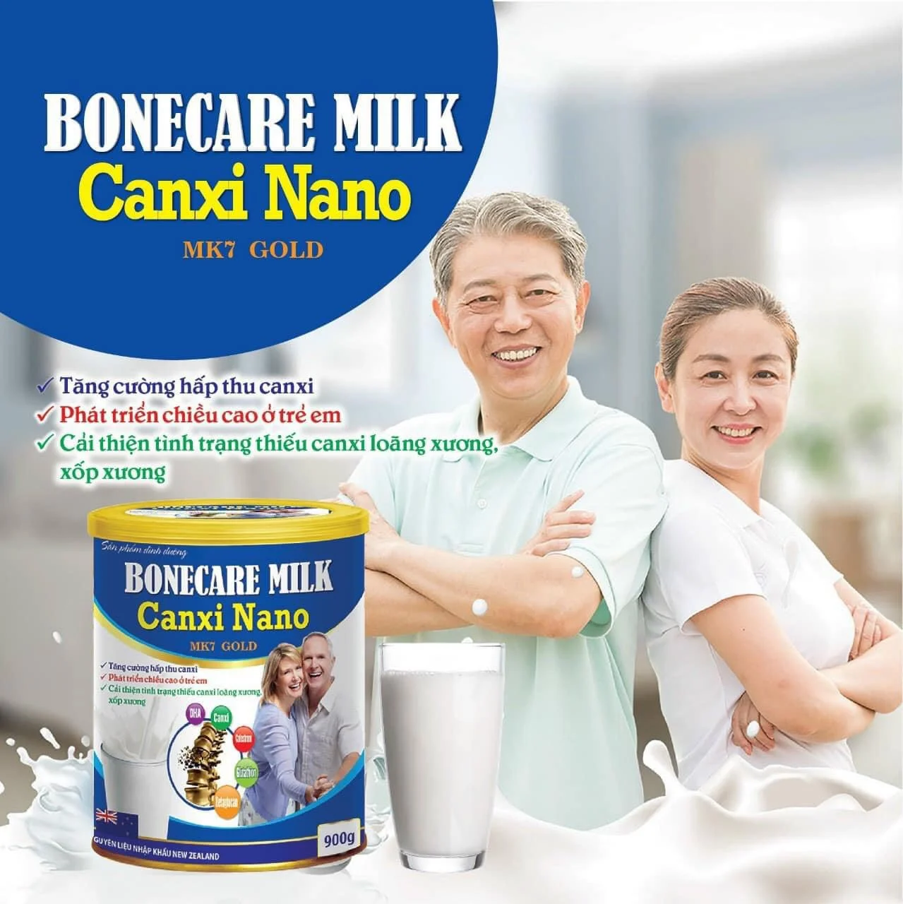 Sữa bột Canxi Nano MK7 Gold 900g - Phát triển chiều cao, cải thiện tình trạng thiếu canxi, loãng xương