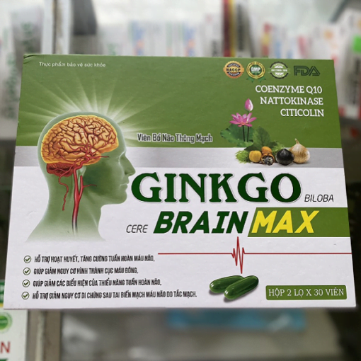Viên uống bổ não thông mạch Ginko Brain Max ( 60v) hỗ trợ tăng cường tuần hoàn máu não