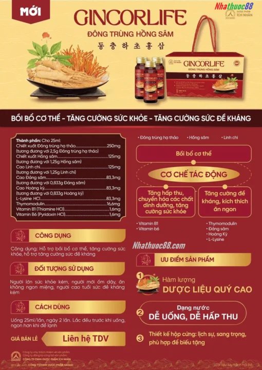 GINCORLIFE Đông Trùng Hồng Sâm Ích Nhân(10 Lọ) Hỗ trợ bồi cơ thể, tăng cường sức khỏe