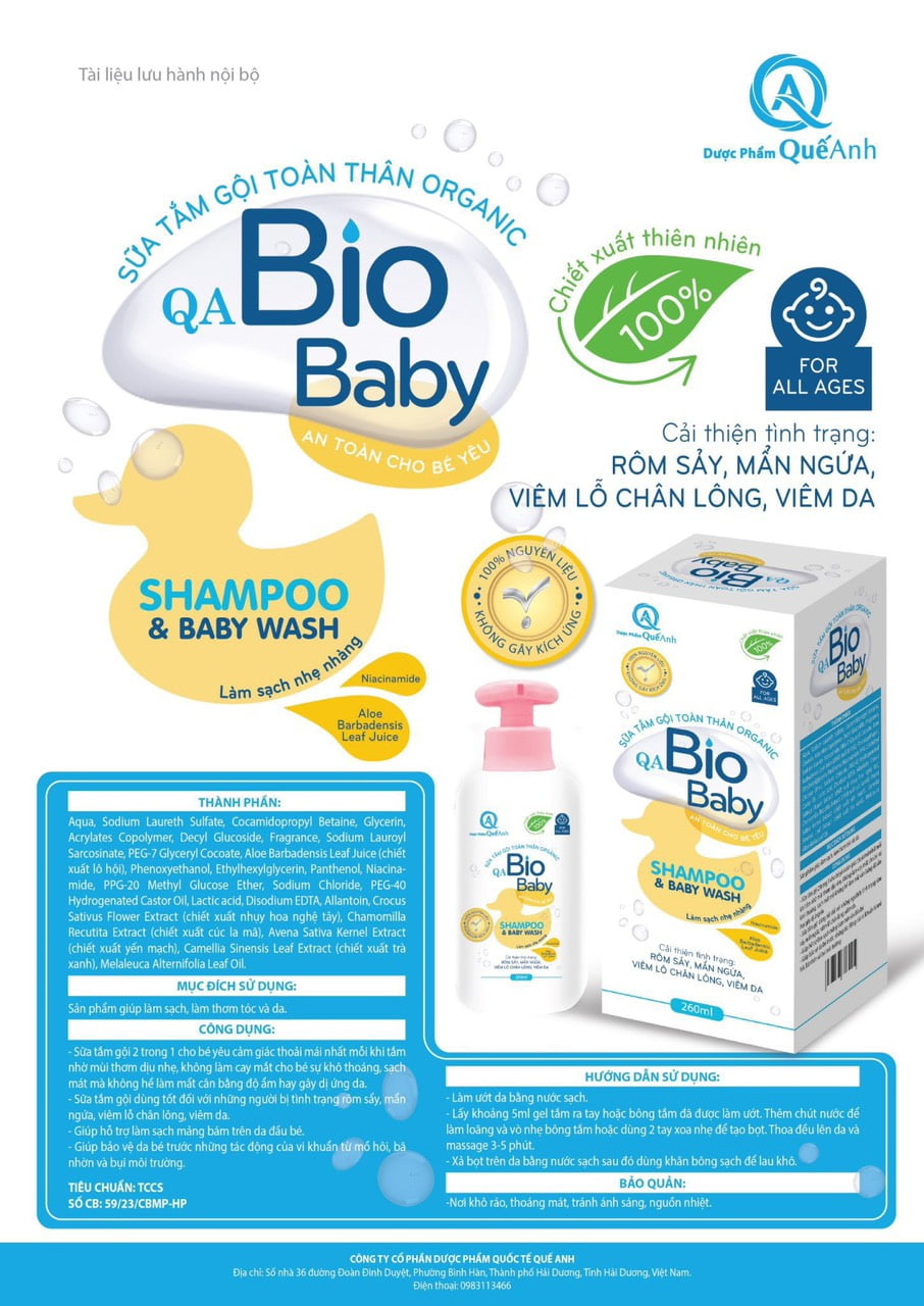 Sữa Tắm Gội Organic QA BIO BABY chai 260ml giảm mẩn ngứa lỗ chân lông, viêm da, Rôm sảy